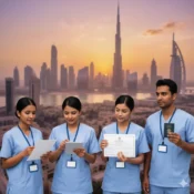 golden sunset backdrop of the Dubai skyline. They are reviewing documents, a tablet, and a passport, representing the careful preparation needed to prevent nurse applications rejected for Dubai. The image features a professional, high-end atmosphere with the Burj Khalifa and Burj Al Arab visible in a soft-focus background.