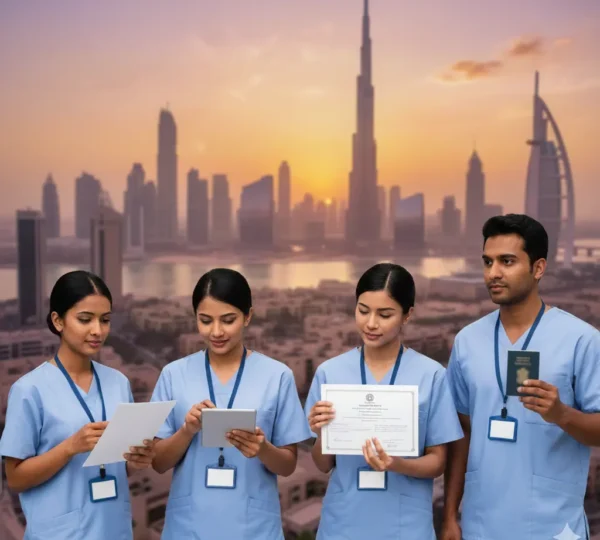 golden sunset backdrop of the Dubai skyline. They are reviewing documents, a tablet, and a passport, representing the careful preparation needed to prevent nurse applications rejected for Dubai. The image features a professional, high-end atmosphere with the Burj Khalifa and Burj Al Arab visible in a soft-focus background.